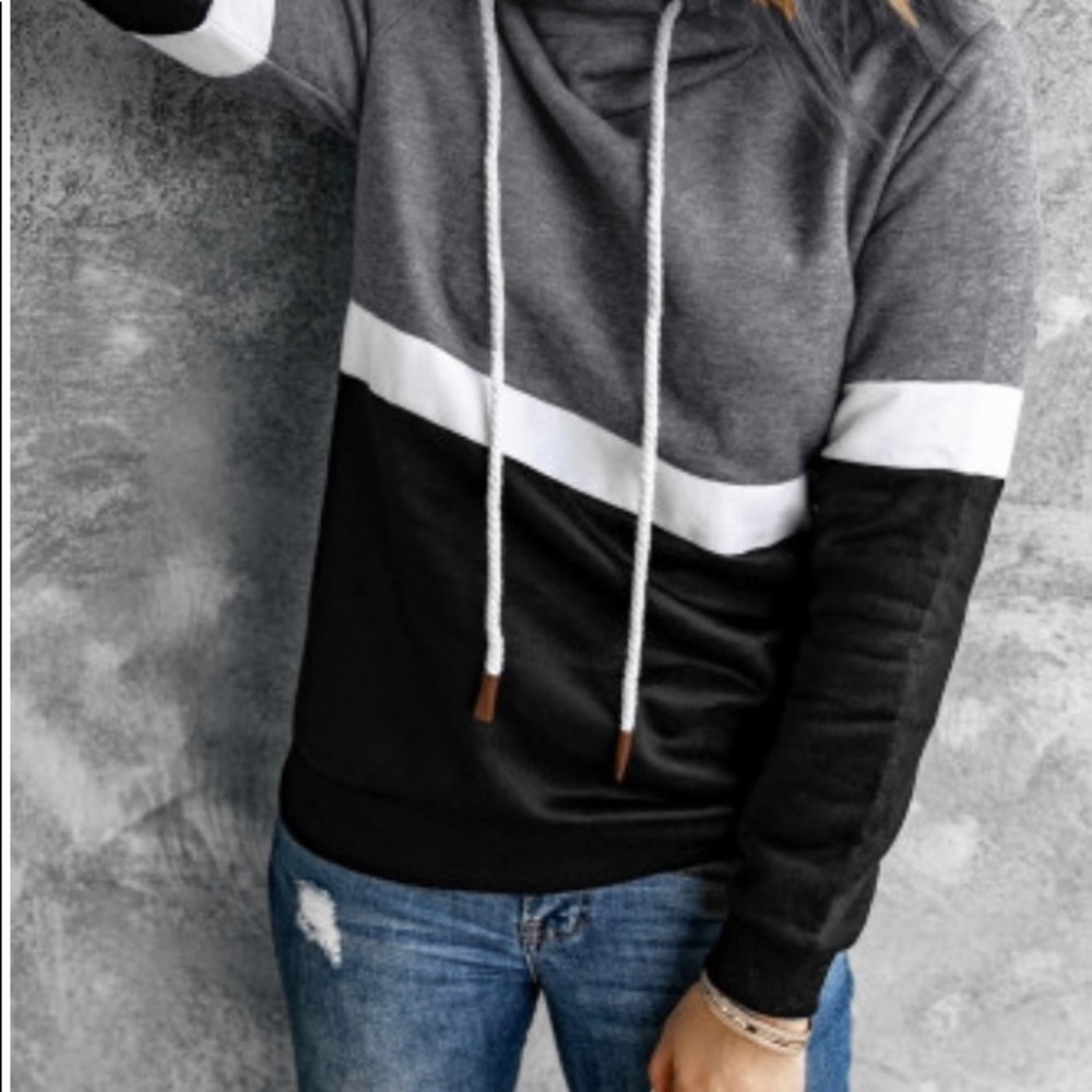 BLACK DRAWSTRING COWL NECK COLOR BLOCK HOODIE - Picture 4 of 5
